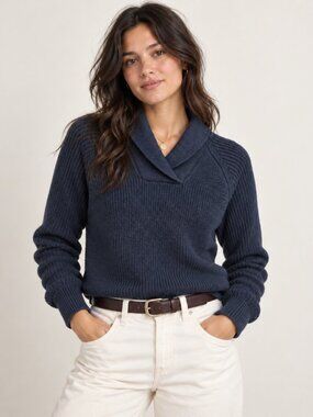 GAP Women's Navy Blue 100% Cotton Shawl Collar Knit Sweater Classic Preppy Small